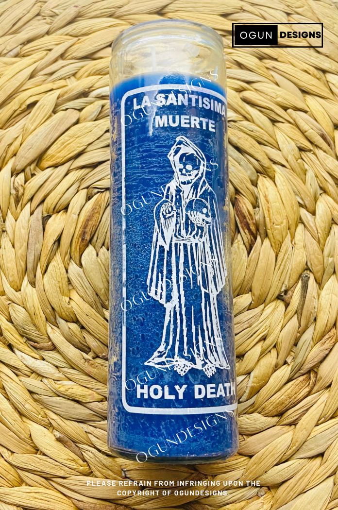 Holy Death Blue Glass Candle, Protection Candles, Altar, Offering, Santa Muerte Velas