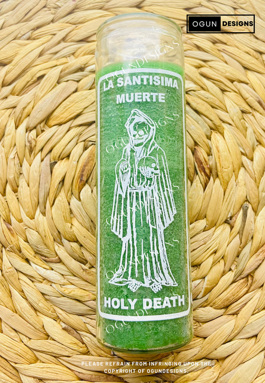 Holy Death Green Glass Candle, Protection Candles, Altar, Offering, Santa Muerte Velas