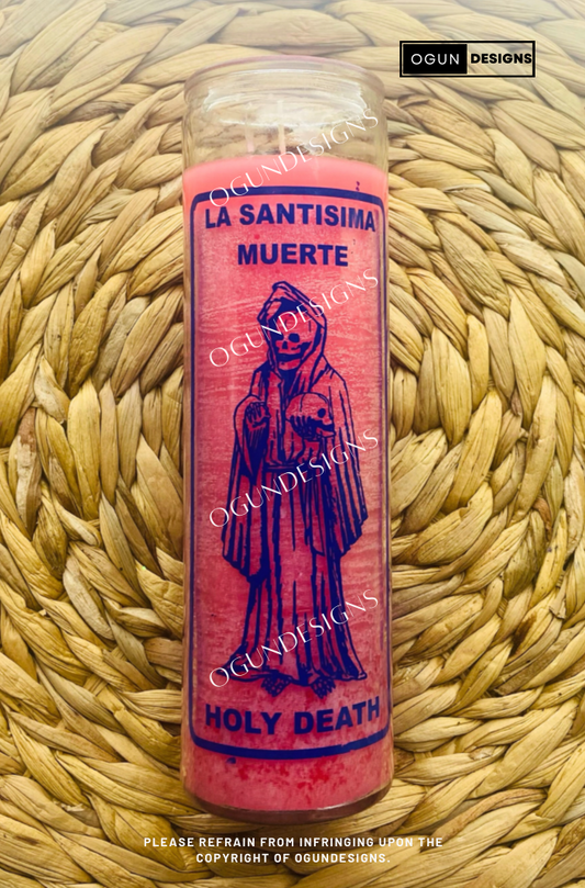 Holy Death Pink Glass Candle, Protection Candles, Altar, Offering, Santa Muerte Velas