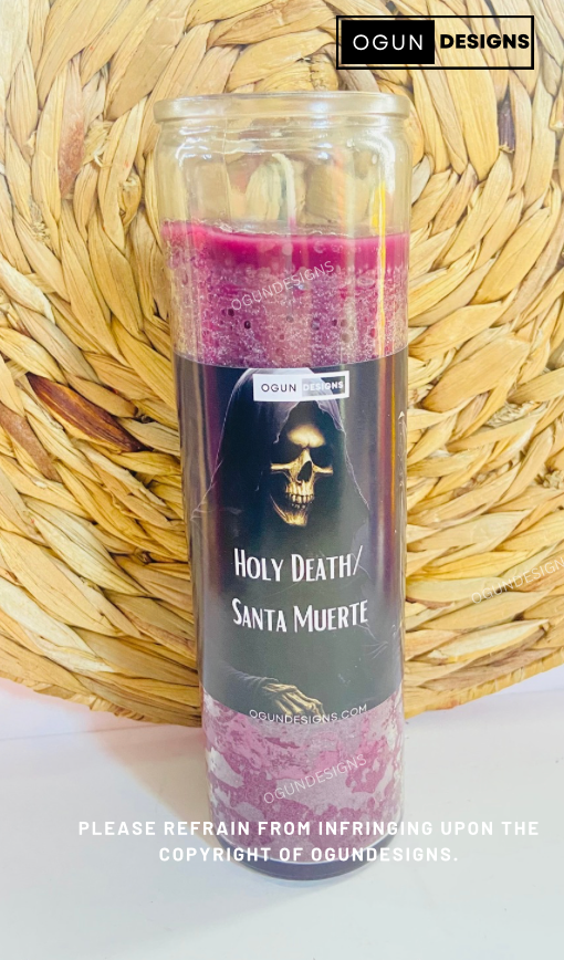 OgunDesigns Holy Death Protection Glass Candle, Protection Candles, Altar, Offering and More/ Ogundesigns Santa Muerte Velas de proteccion