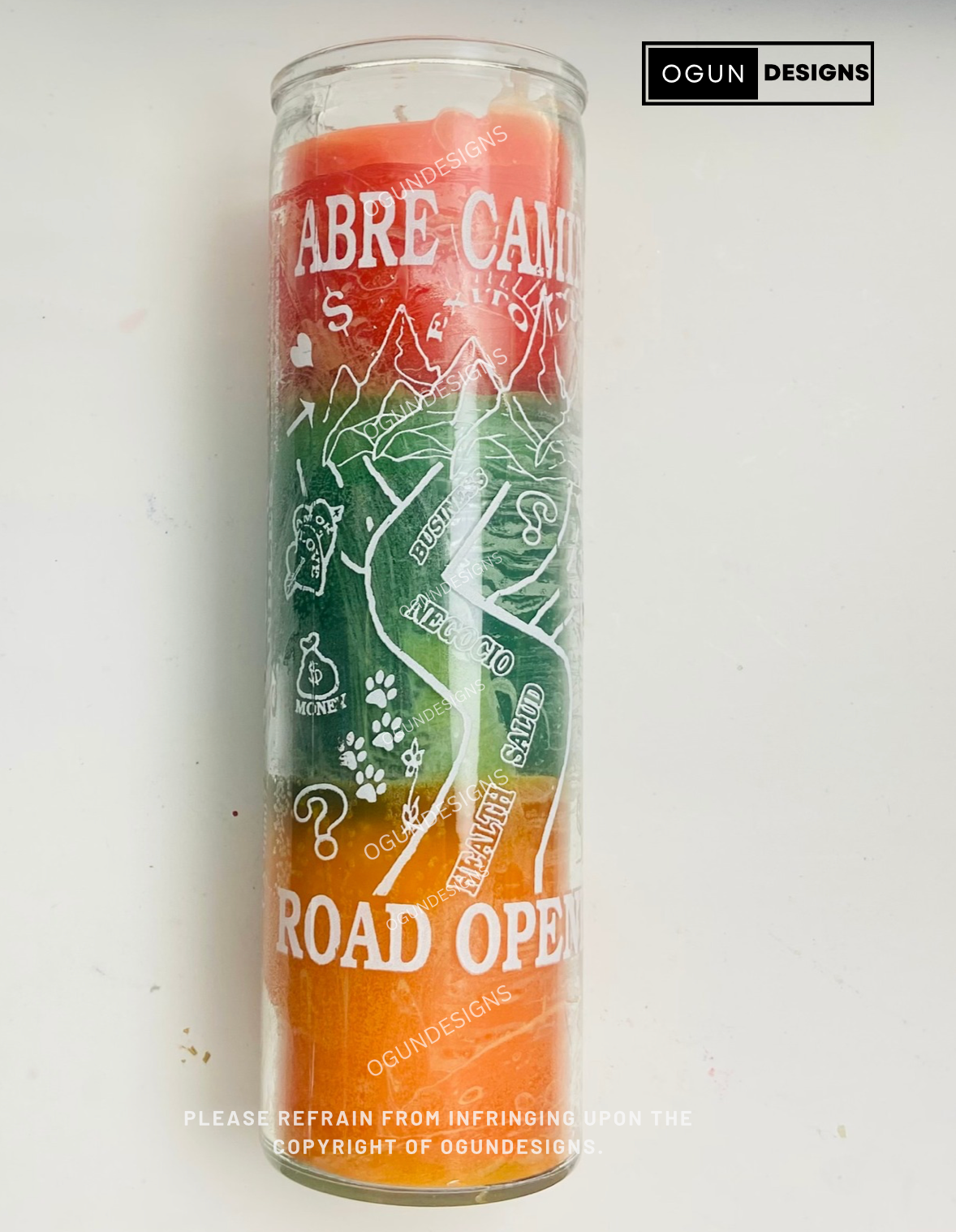 3 Color Orange/Green/Yellow Road Opener Glass Candle, Open Roads Candle, Vela de cristal 3 colores de Abre Camino, Vela de Abre Caminos Naranja/Verde/Amarillo