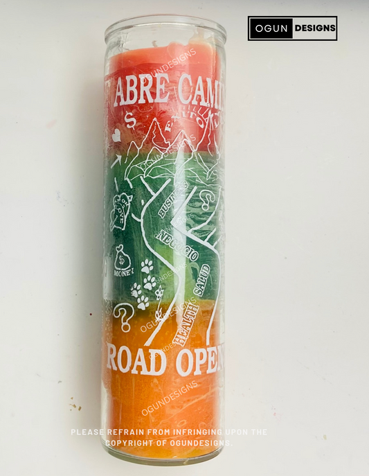 3 Color Orange/Green/Yellow Road Opener Glass Candle, Open Roads Candle, Vela de cristal 3 colores de Abre Camino, Vela de Abre Caminos Naranja/Verde/Amarillo